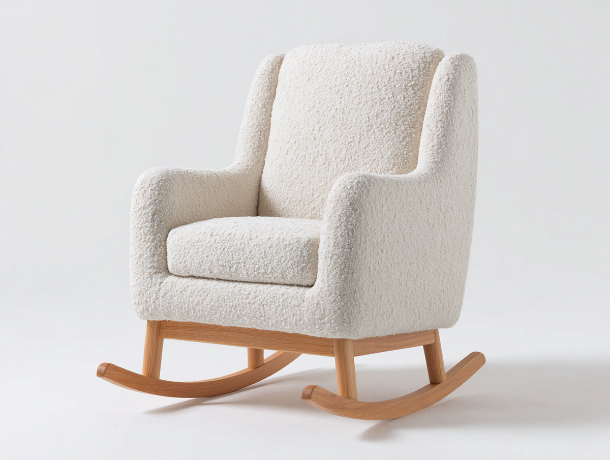Schaukelstuhl aus Schlingenstoff und Holz 78x92x102 cm - Cremeweiß-Naturholz - weich gepolstert - modernes Design