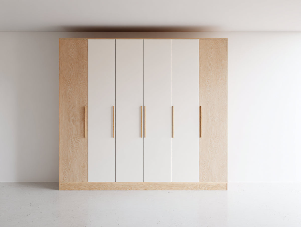 Kleiderschrank mit 6 Türen 240 x 60 x 210 cm - Weiß und Naturholz - Modernes Design