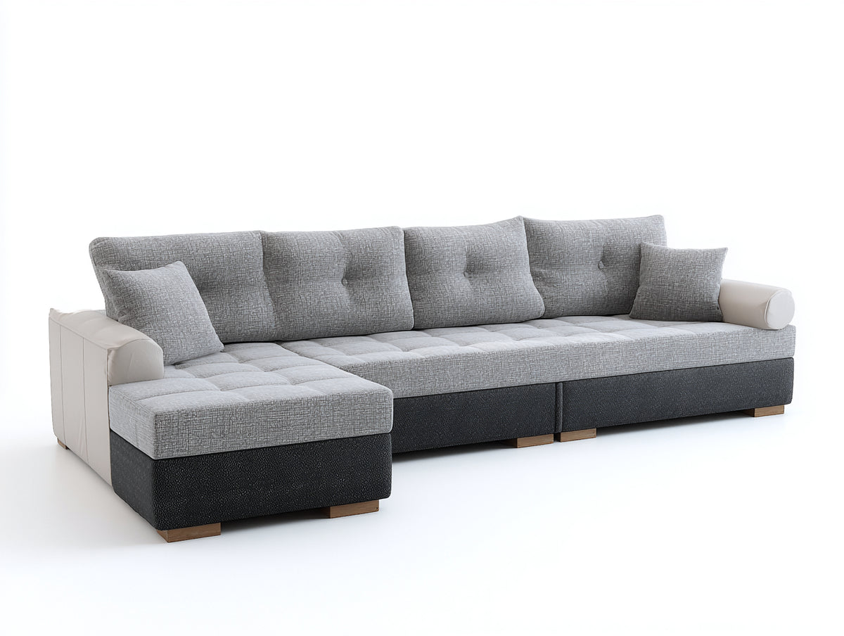 Ecksofa aus Stoff und Kunstleder 280x160x85 cm - Hellgrau-Dunkelgrau-Weiß - mit Chaiselongue - modernes Design