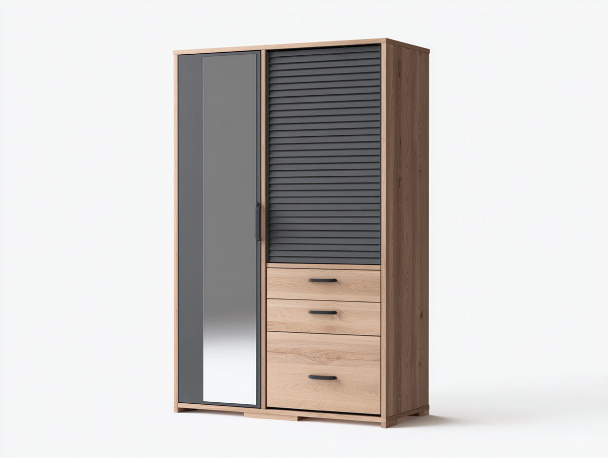 Kleiderschrank Holz 120 x 60 x 200 cm - Natur-Dunkelgrau - 2 Türen mit Spiegel und 3 Schubladen