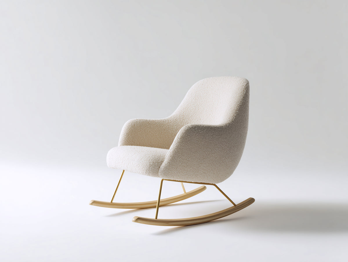 Schaukelstuhl Bouclé 72 x 88 x 95 cm - Creme-Gold-Natur - Gepolsterter Sitz mit hoher Rückenlehne