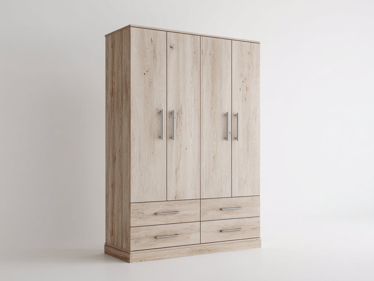 Kleiderschrank aus Holzwerkstoff 160x55x200 cm - Eiche hell - mit 4 Türen und 4 Schubladen - modernes Design