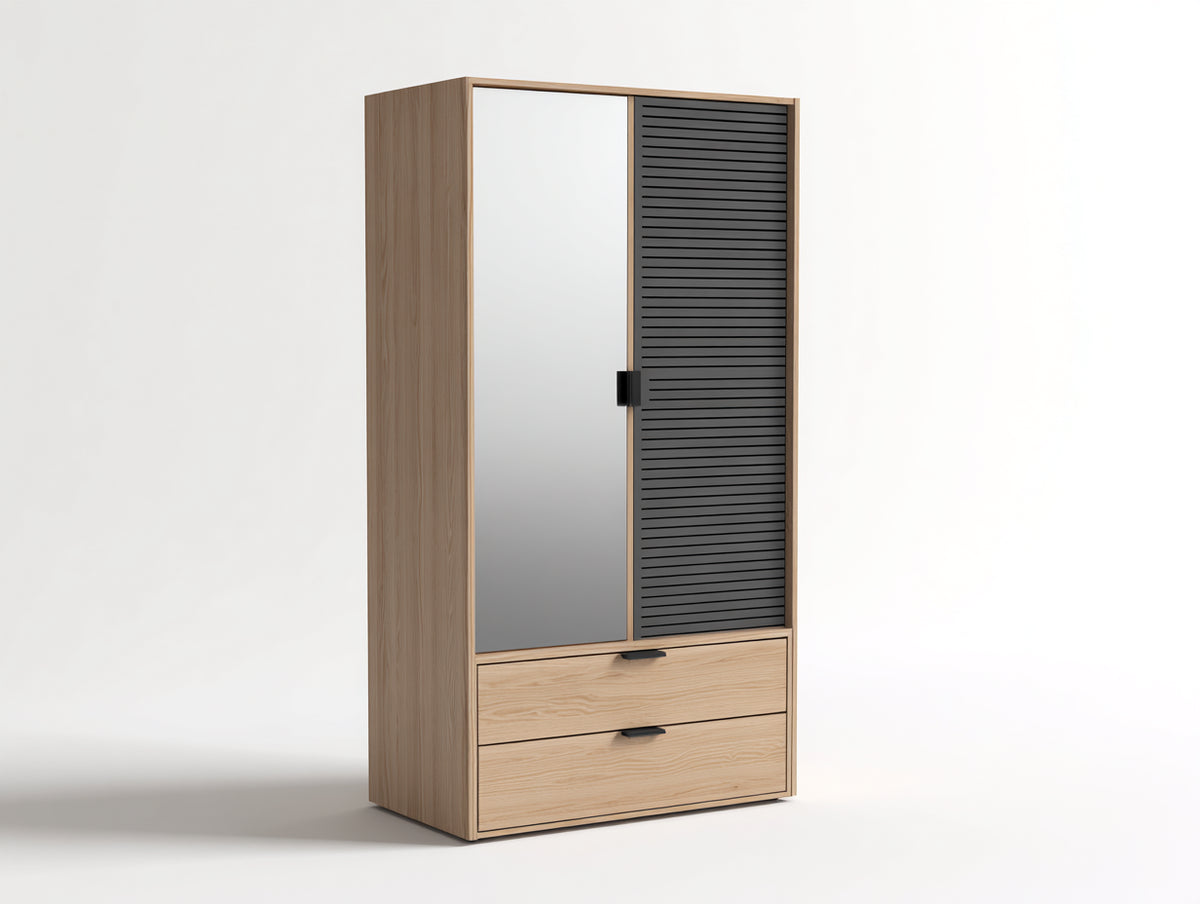 Kleiderschrank - Holzoptik 100 x 55 x 200 cm - Naturholz-Grau-Schwarz - 2 Türen und 2 Schubladen modernes Design