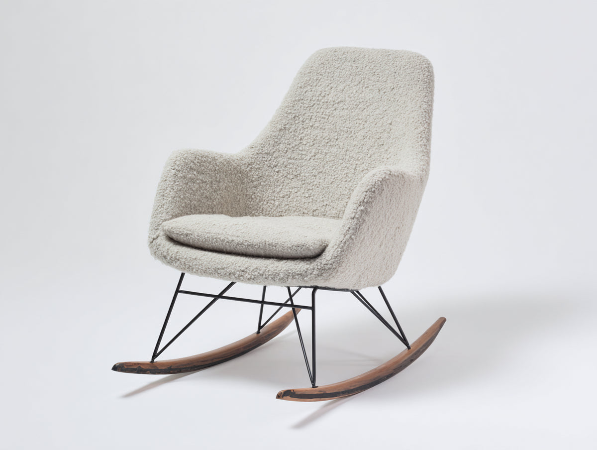 Schaukelstuhl - Bouclé-Stoff 76 x 88 x 100 cm - Cremeweiß-Braun-Schwarz - gepolsterter Sitz mit Holzkufen modernes Design