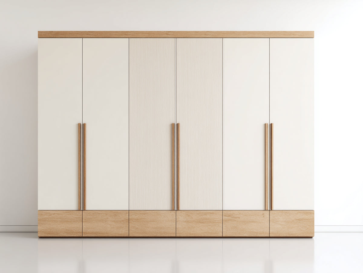 Kleiderschrank Holz 240 x 60 x 210 cm - Weiß-Natur - 6 Türen mit 6 Schubladen im modernen Design