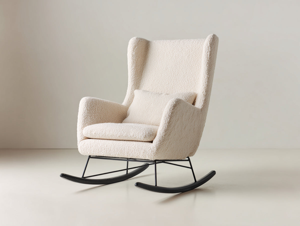 Schaukelstuhl aus Bouclé-Stoff 85 x 75 x 105 cm - Cremeweiß und Schwarz - Hohe Rückenlehne und modernes Design